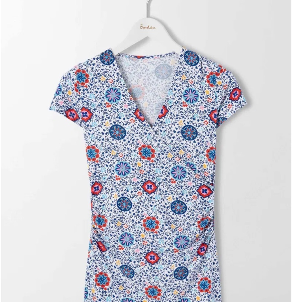Boden White and Blue Ruched Wrap Jersey Top
